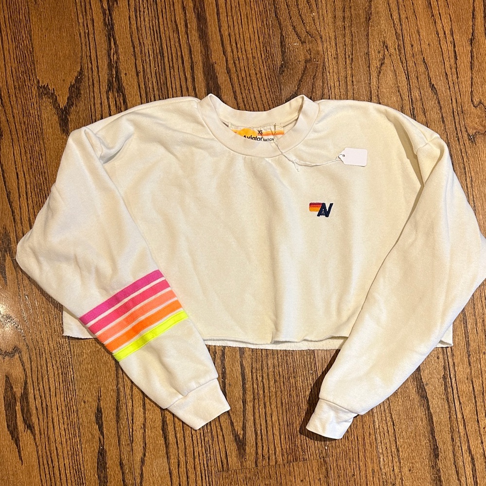 NWT Aviator Nation Rugby Stitch Cropped Crew Sweatshirt Relaxed Vintage White XS